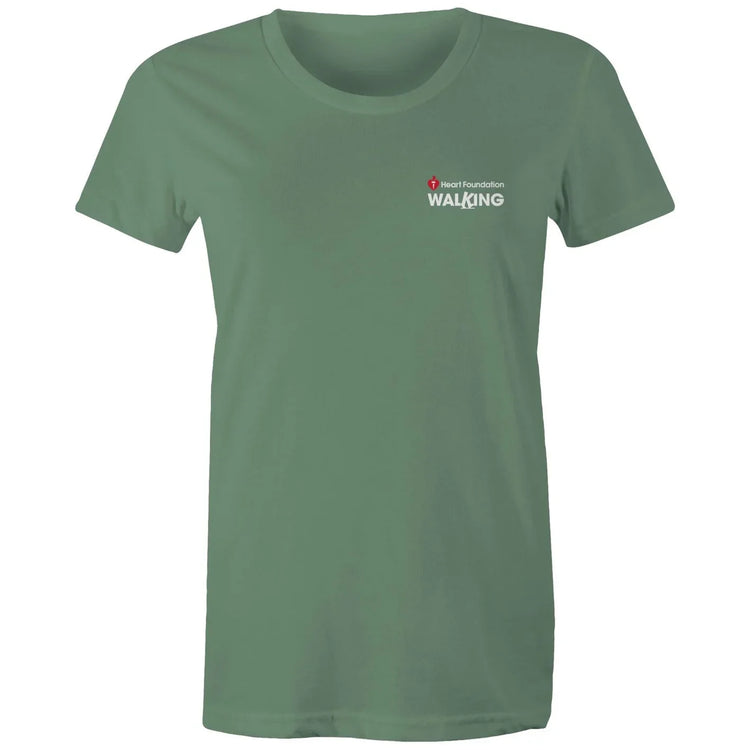Women's sage Heart Foundation Walking small logo t-shirt featured on white background.