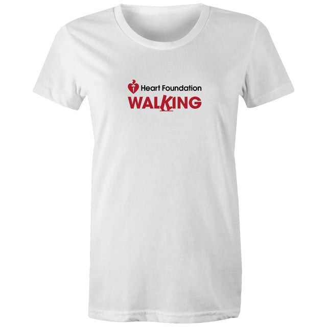 Women's white Heart Foundation Walking centre chest logo t-shirt featured on white background.