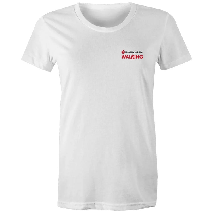 Women's white Heart Foundation Walking small logo t-shirt featured on white background.