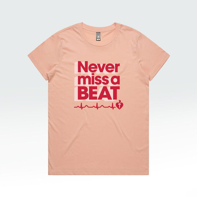 Pale pink ‘Never miss a BEAT’ women’s t-shirt by the Heart Foundation, created to support Heart Week and raise awareness of heart health.