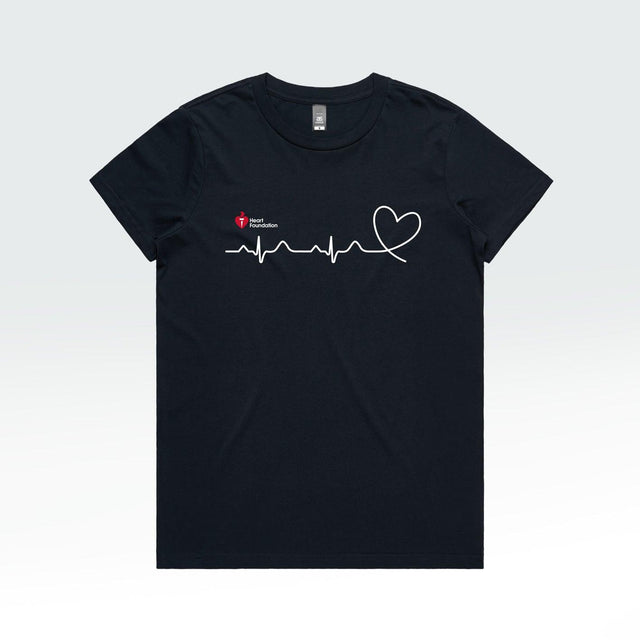 ‘Heartbeat line’ women’s t-shirt by the Heart Foundation, designed to support Heart Week and promote heart health awareness.