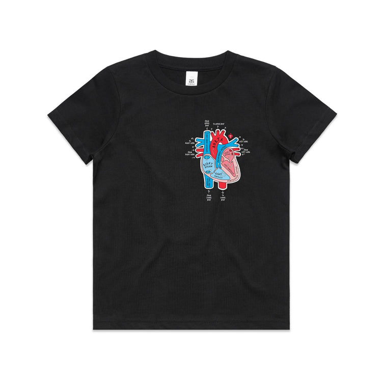 Kids blackt-shirt with colourful anatomical heart drawing on left chest displayed on white