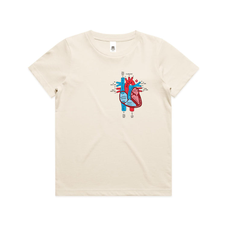 Kids ecru t-shirt with colourful anatomical heart drawing on left chest displayed on white background.
