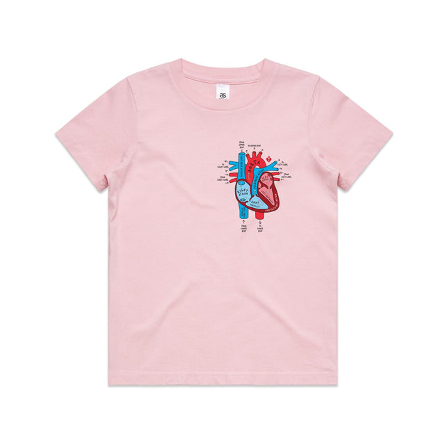 Kids pink t-shirt with colourful anatomical heart drawing on left chest displayed on white background.