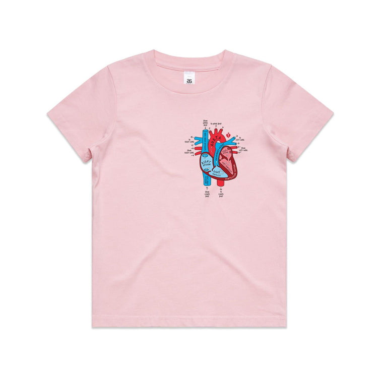 Kids pink t-shirt with colourful anatomical heart drawing on left chest displayed on white background.