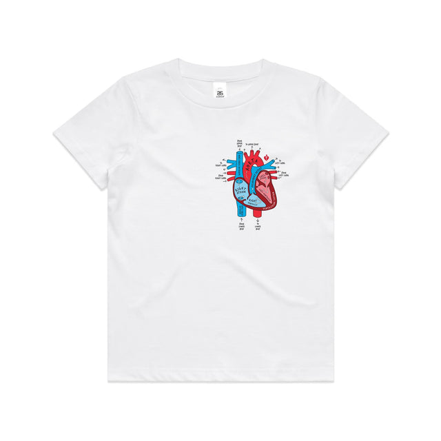 Kids white t-shirt with colourful anatomical heart drawing on left chest displayed on white