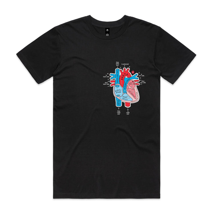 Unisex black t-shirt with colourful anatomical heart drawing on left chest displayed on white background.