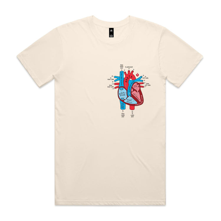 Unisex ecru t-shirt with colourful anatomical heart drawing on left chest displayed on white background.