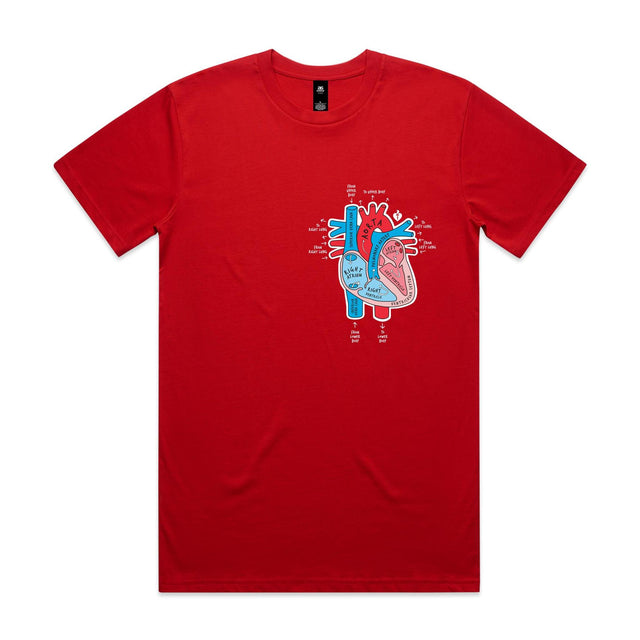 Unisex red t-shirt with colourful anatomical heart drawing on left chest displayed on white background.