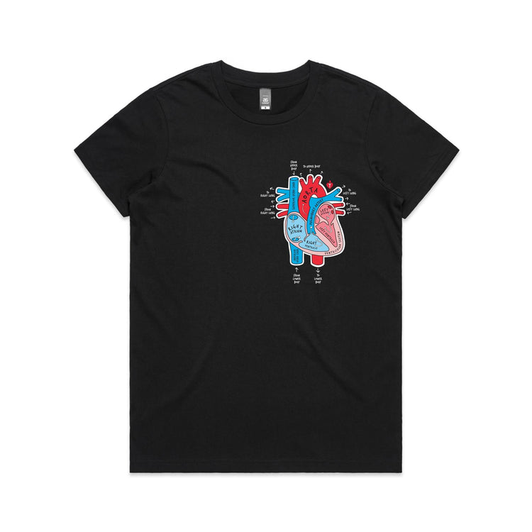 Women's black t-shirt with colourful anatomical heart drawing on left chest displayed on white background.