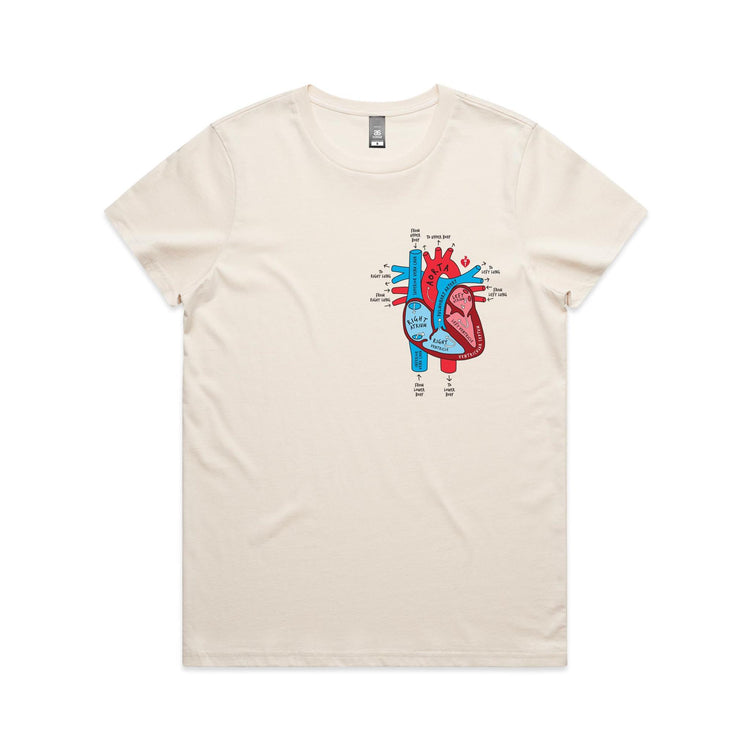 Women's ecru t-shirt with colourful anatomical heart drawing on left chest displayed on white background.