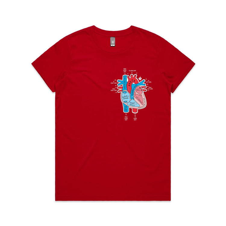 Women's red t-shirt with colourful anatomical heart drawing on left chest displayed on white background.
