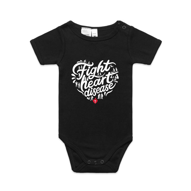 Black baby onesie with a white heart-shaped “Fight heart disease” design, featured on white background.