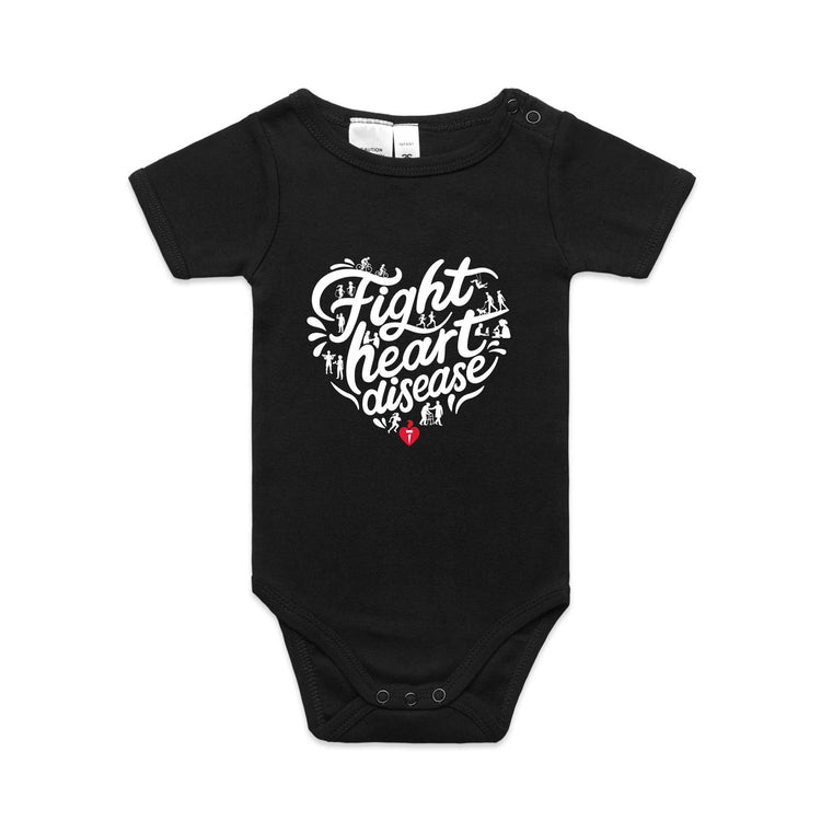 Black baby onesie with a white heart-shaped “Fight heart disease” design, featured on white background.