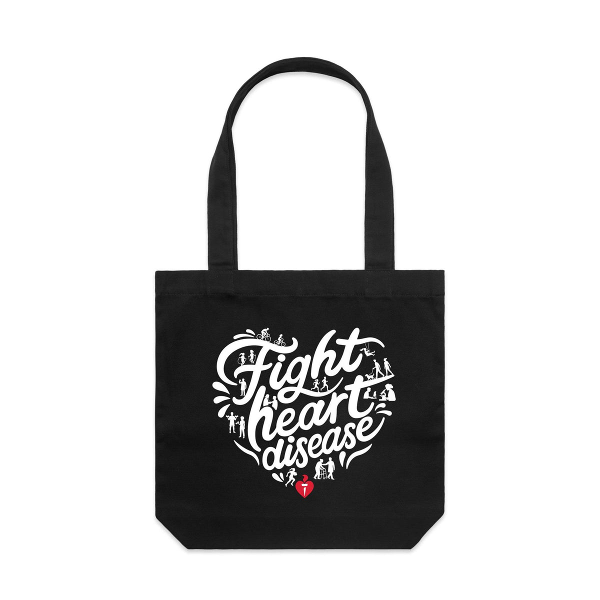 Black tote bag with a white heart-shaped “Fight heart disease” design, featured on white background.