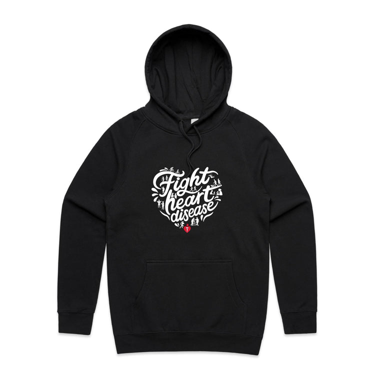Black: Front view of a black unisex hoodie with a white heart-shaped “Fight heart disease” design and kangaroo pocket.
