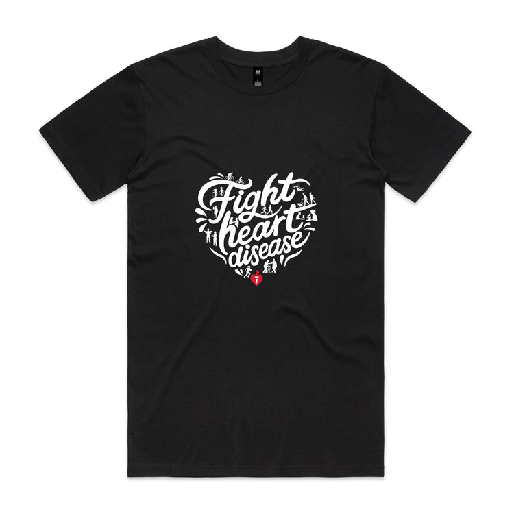 Black unisex t-shirt with heart shaped 'Fight heart disease' message drawing centre front displayed on white background.