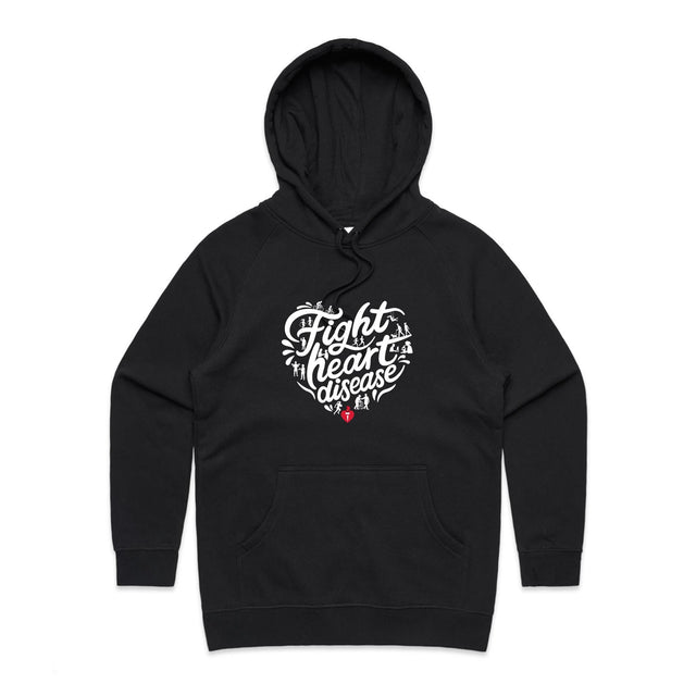 Women's black hoodie with heart shaped 'Fight heart disease' message drawing centre front displayed on white background.