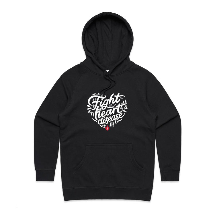 Women's black hoodie with heart shaped 'Fight heart disease' message drawing centre front displayed on white background.