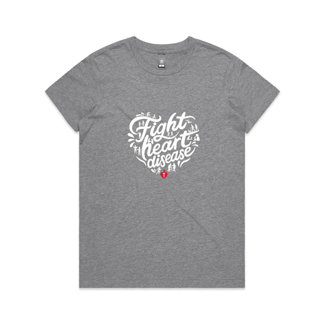 Women's grey marle t-shirt with heart shaped 'Fight heart disease' message drawing centre front displayed on white background.