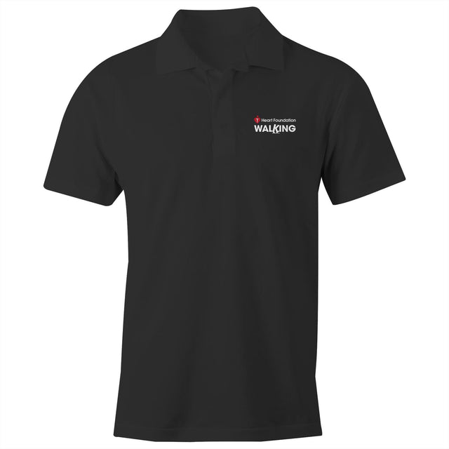 Unisex fit black polo shirt featuring white Heart Foundation Walking logo on left chest.