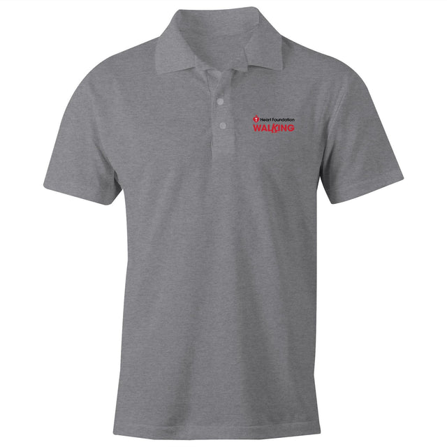Unisex fit grey marle polo shirt featuring white Heart Foundation Walking logo on left chest.