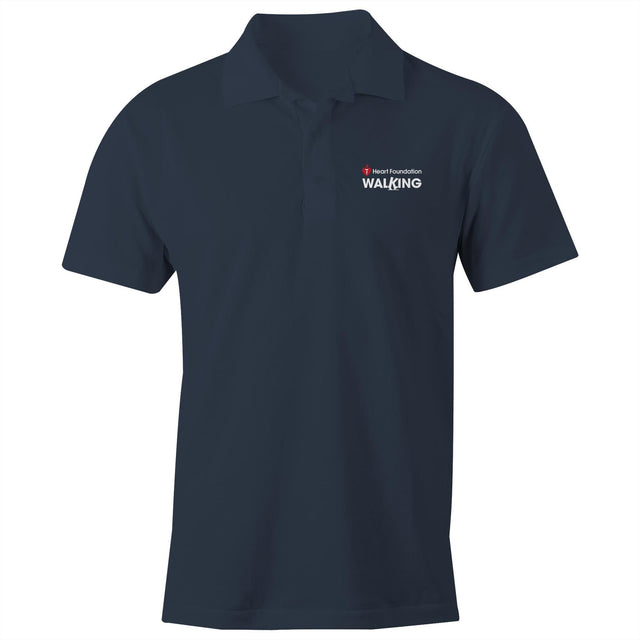 Unisex style navy polo shirt featuring white Heart Foundation Walking logo on left chest.