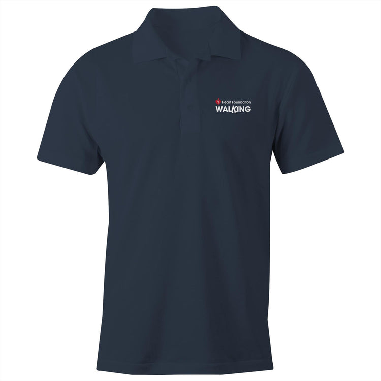 Unisex style navy polo shirt featuring white Heart Foundation Walking logo on left chest.