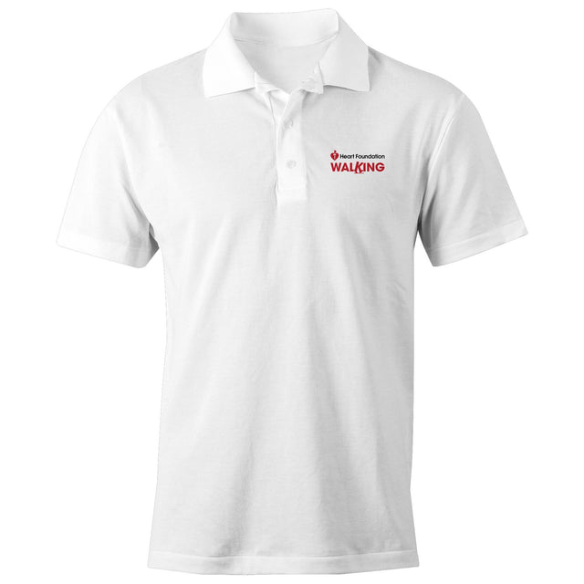 Unisex style white polo shirt featuring red Heart Foundation Walking logo on left chest.