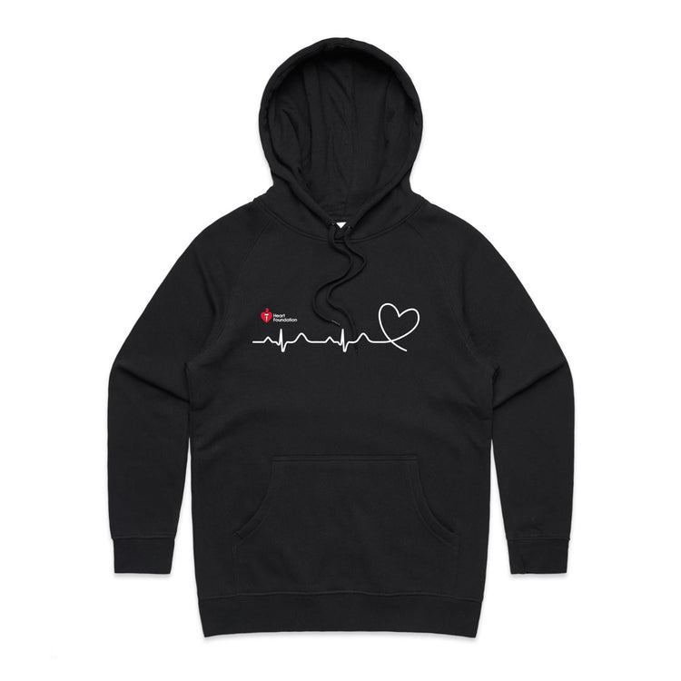 Ladies black hoodie with heartbeat line print featured on white background.