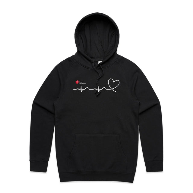 Black unisex adults hoodie with heartbeat line print featured on white background.