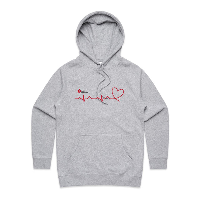 Ladies grey marle hoodie with heartbeat line print featured on white background.