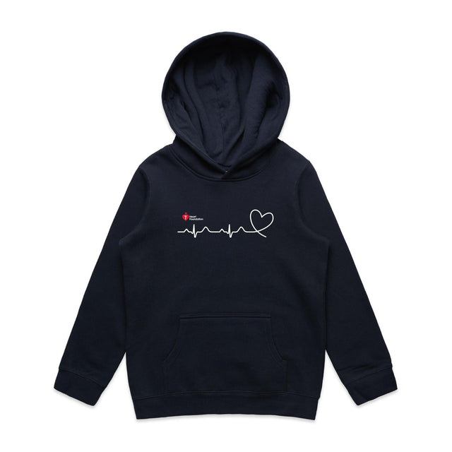 Navy kids hoodie with heartbeat line print featured on white background.