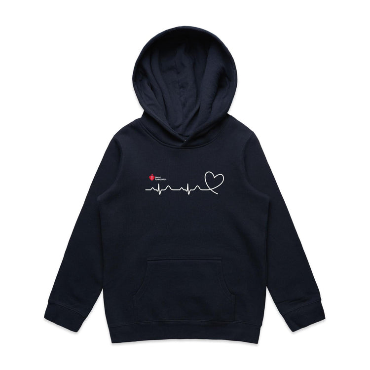 Navy kids hoodie with heartbeat line print featured on white background.