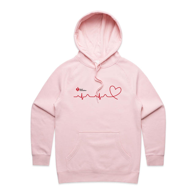 Ladies pink hoodie with heartbeat line print featured on white background.