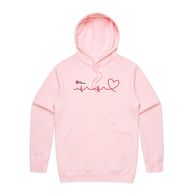 Pink unisex adults hoodie with heartbeat line print featured on white background.