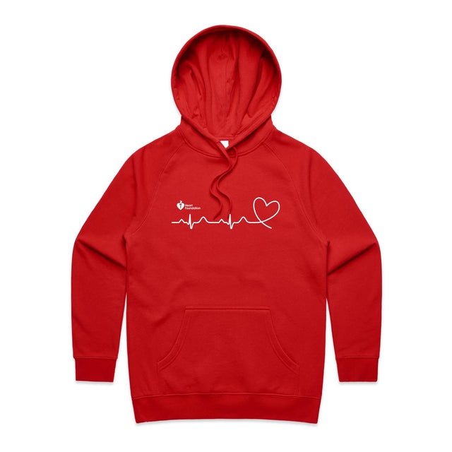 Ladies red hoodie with heartbeat line print featured on white background.