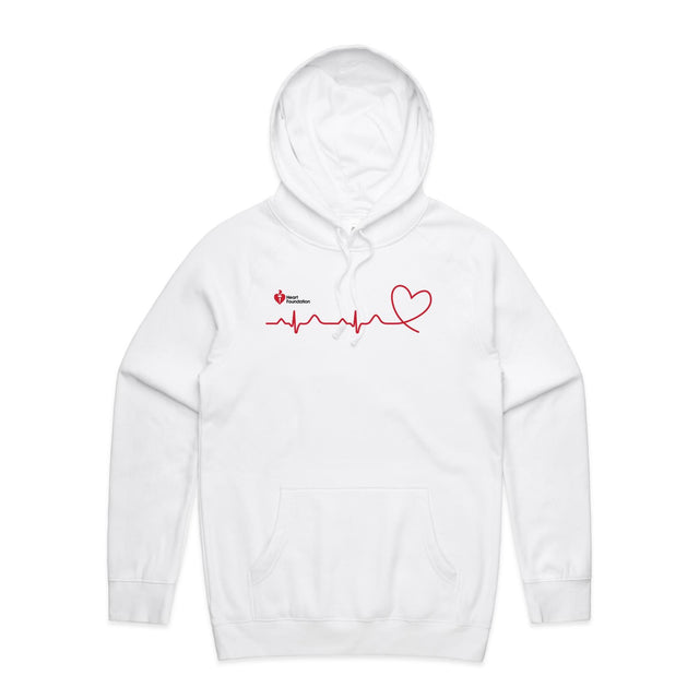 White unisex adults hoodie with heartbeat line print featured on white background.
