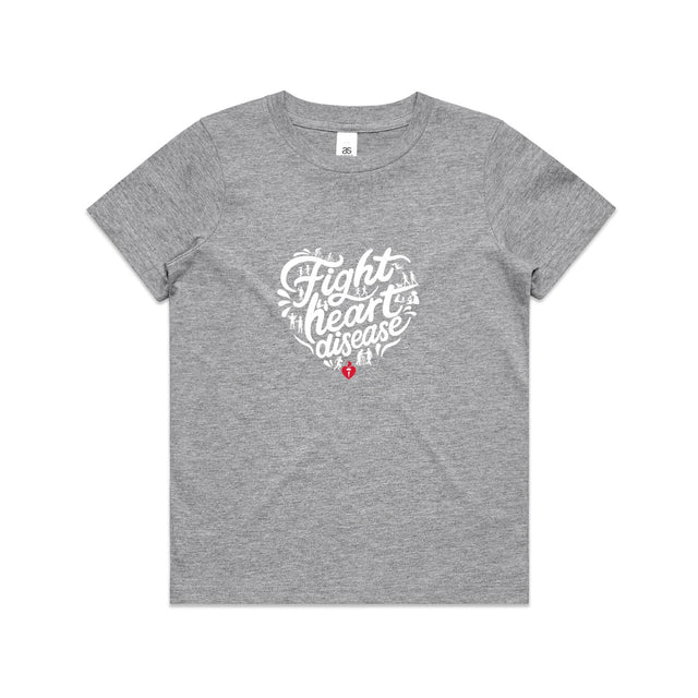 Kids grey marle t-shirt with a white heart-shaped “Fight heart disease” design, featured on white background.