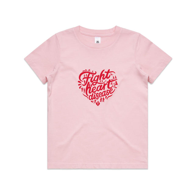 Kids pink t-shirt with a red heart-shaped “Fight heart disease” design, featured on white background.