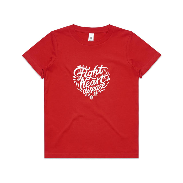 Kids red t-shirt with a white heart-shaped “Fight heart disease” design, featured on white background.