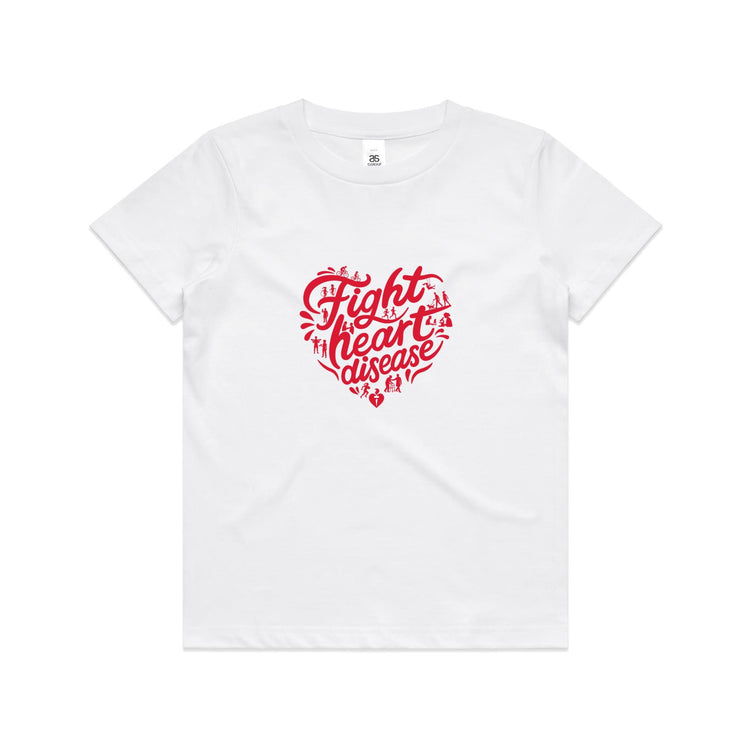 White kids t-shirt with a red heart-shaped “Fight heart disease” design, featured on white background.