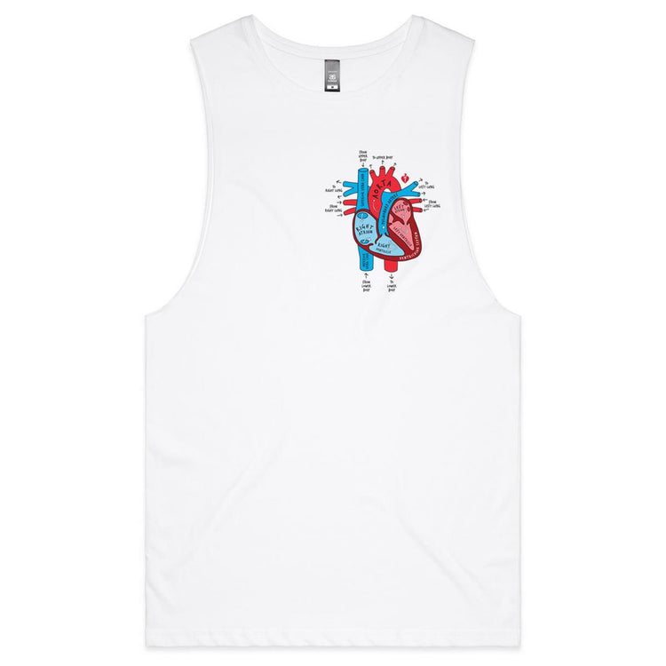 Men's white tank top with colourful anatomical heart drawing on left chest displayed on white background.