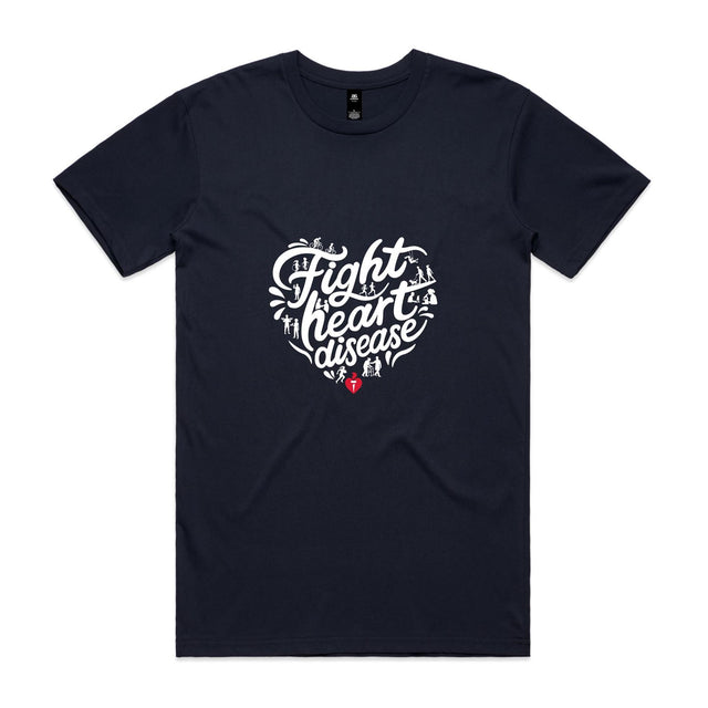 Navy unisex t-shirt with heart shaped 'Fight heart disease' message drawing centre front displayed on white background.