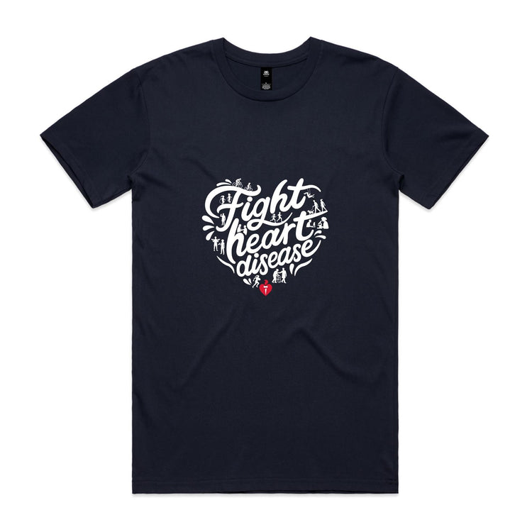 Navy unisex t-shirt with heart shaped 'Fight heart disease' message drawing centre front displayed on white background.