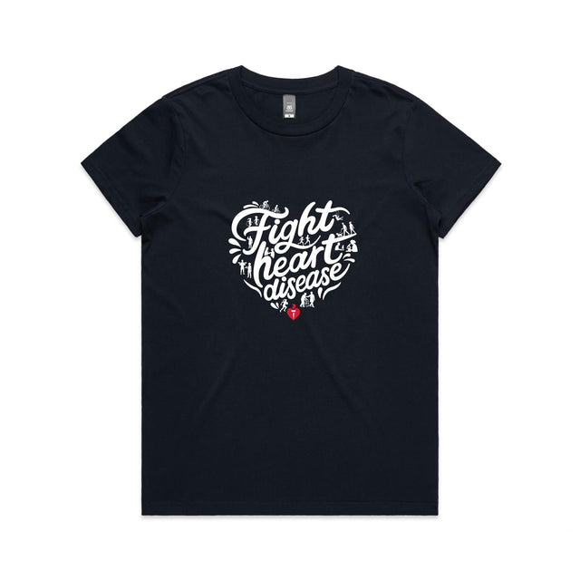 Women's navy t-shirt with heart shaped 'Fight heart disease' message drawing centre front displayed on white background.