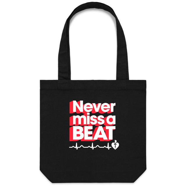 Black tote bag with red and white print with logo shown on white background.