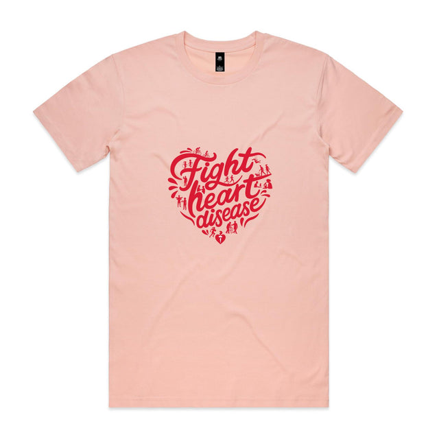 Plae pink unisex t-shirt with heart shaped 'Fight heart disease' message drawing centre front displayed on white background.
