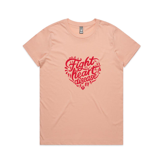 Women's pale pink t-shirt with heart shaped 'Fight heart disease' message drawing centre front displayed on white background.