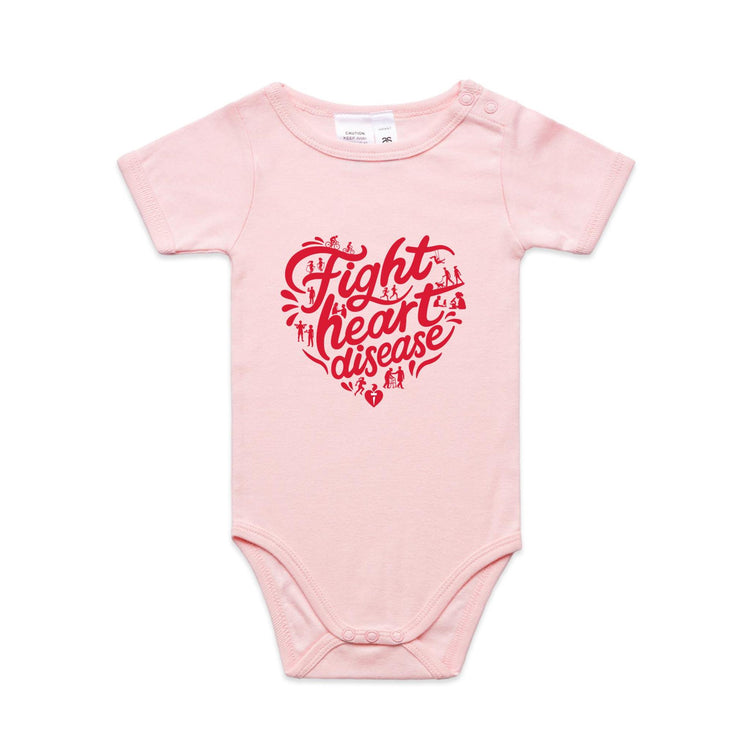 Pink baby onesie with a red heart-shaped “Fight heart disease” design, featured on white background.
